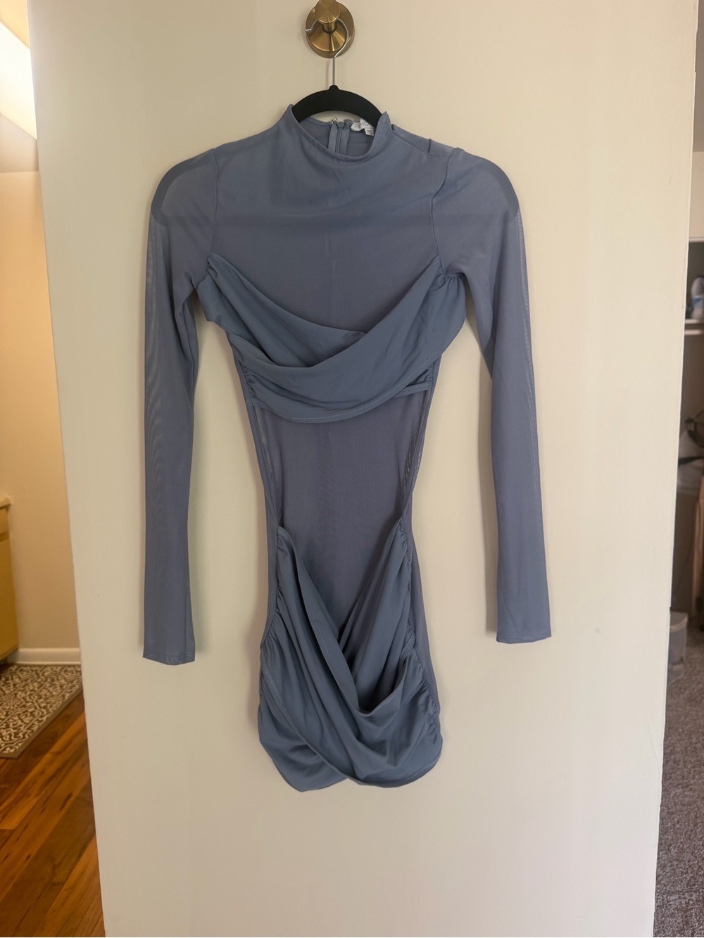 Fashion Nova Dusty Blue Long Sleeve Ruched Bodycon Mini Dress